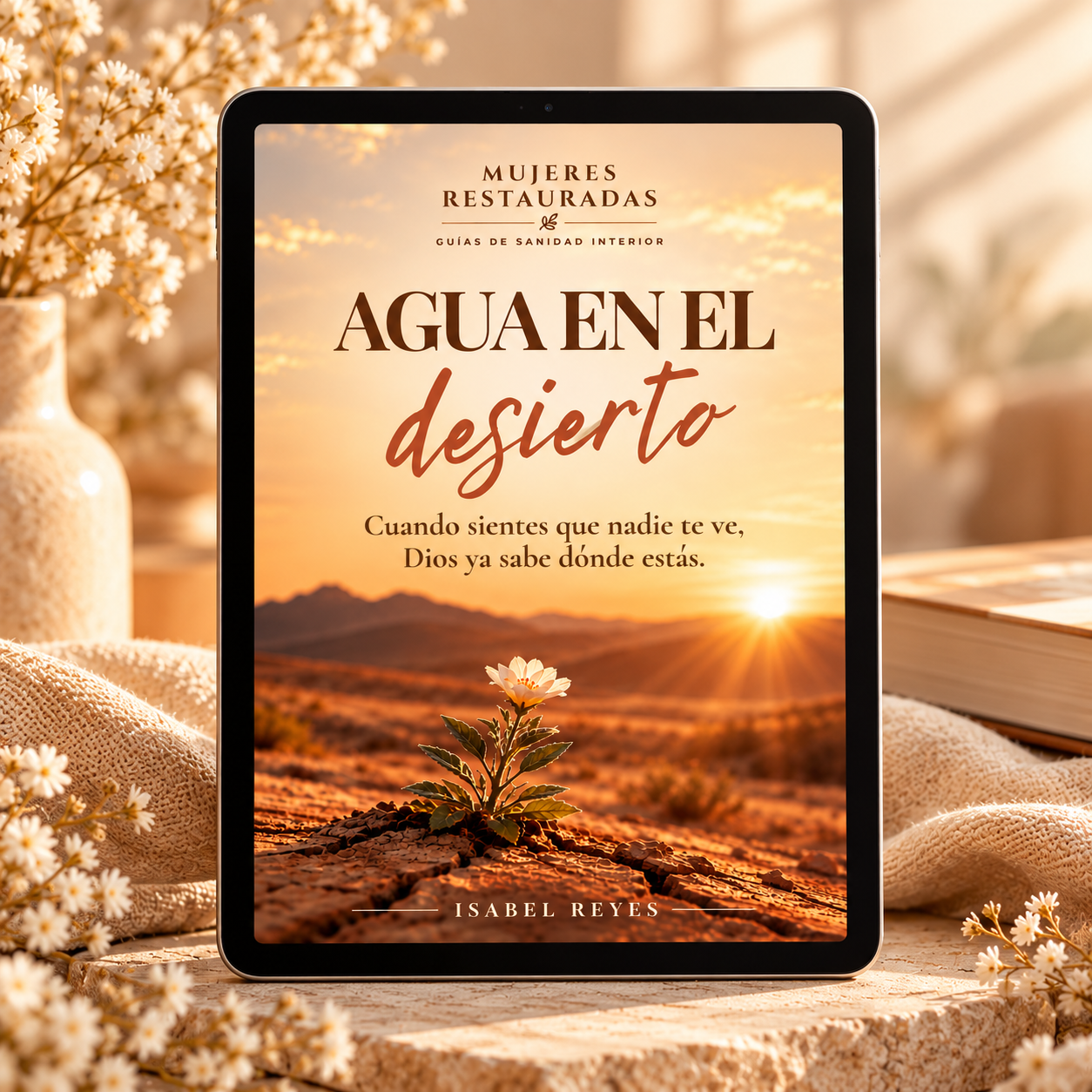 Agua en el desierto, guía digital presentada en una tableta
