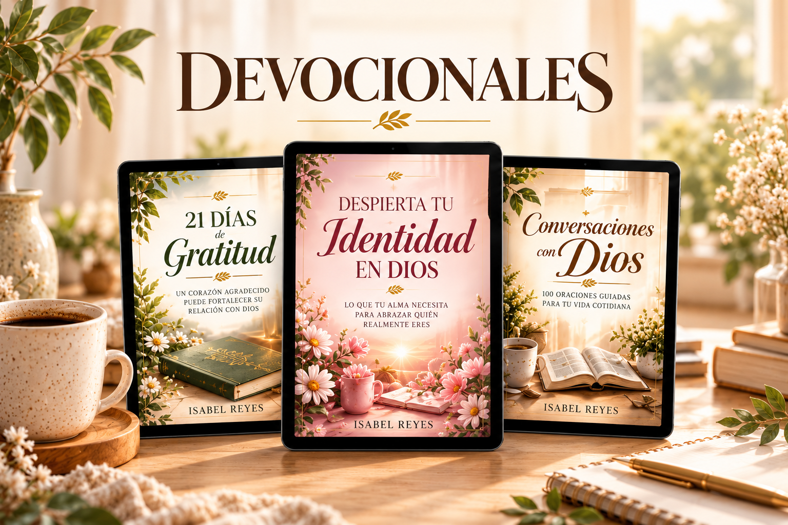 Portada de la colección Devocionales con varias guías digitales en tabletas.